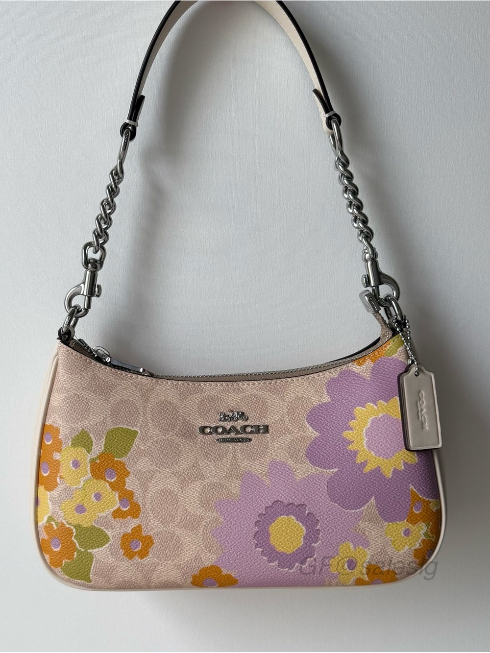 NWT Coach Teri Shoulder Bag In Signature Floral Silver/Sand/Purple CBG73